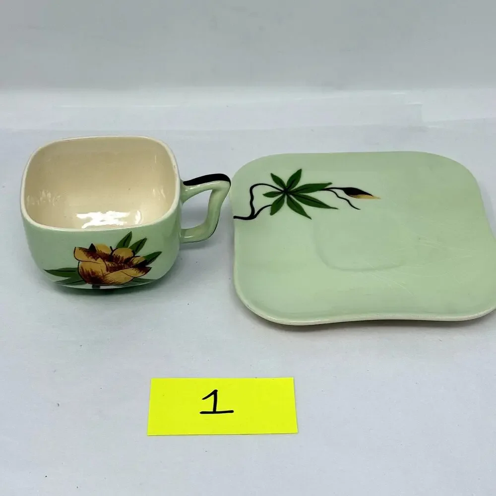 Weil Ware California Pottery Cup & Plate Set Hand Decorated Bamboo Lotus Vintage